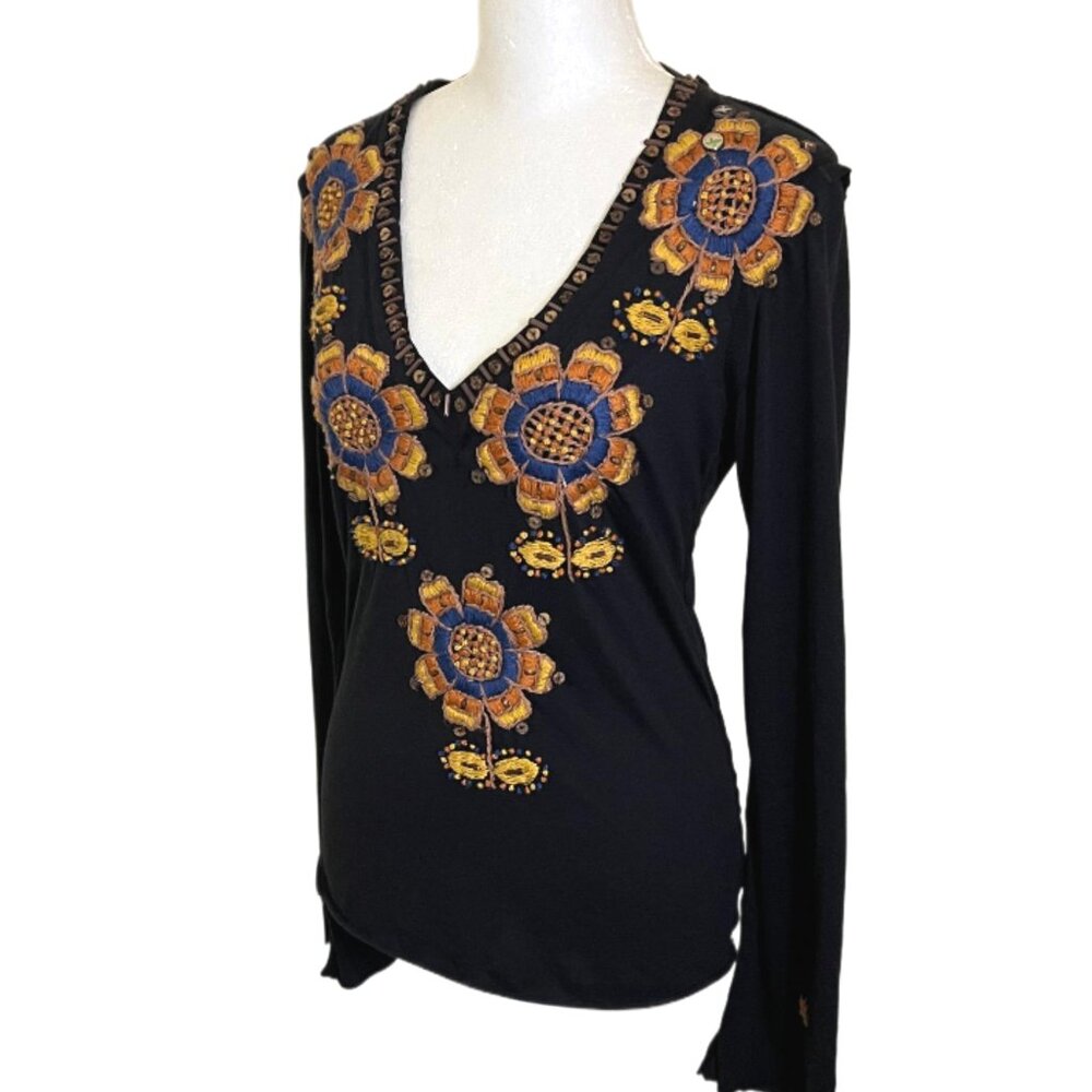 Johnny Was Joystick Black Long Sleeve Top Hand Embroidered Flowers Size Small